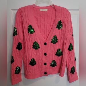 Grace+Emma Sequin Trees Cardigan in pink.